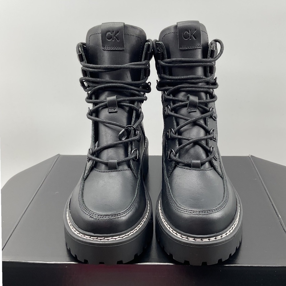 Calvin Klein Shania Black Leather Lug Sole Combat Boots KCSHANIA Women 5M